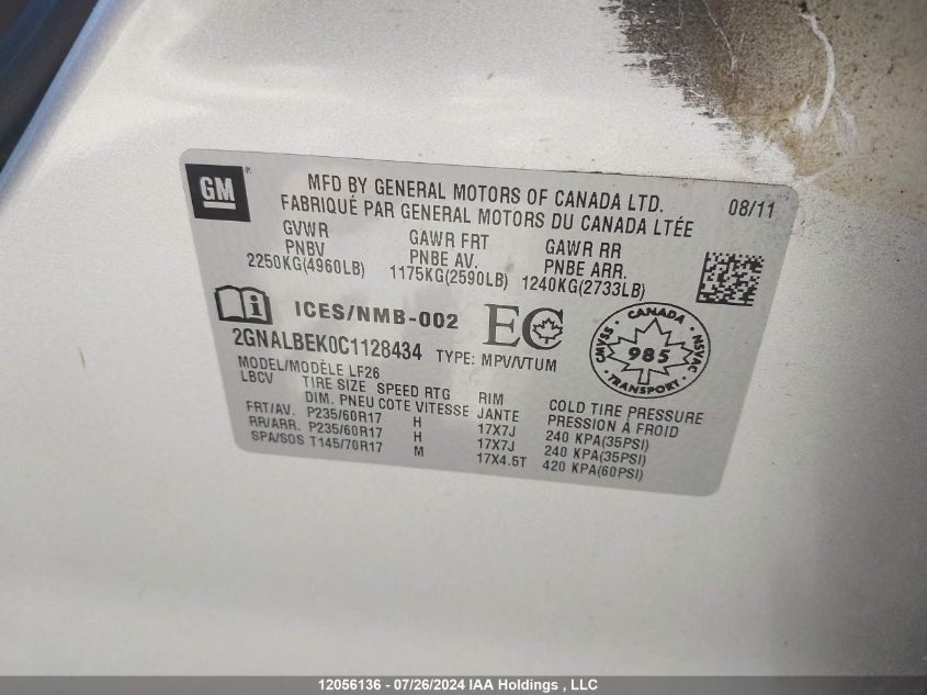 2012 Chevrolet Equinox VIN: 2GNALBEK0C1128434 Lot: 12056136