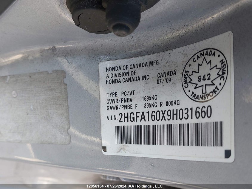 2009 Honda Civic Sdn VIN: 2HGFA160X9H031660 Lot: 12056154