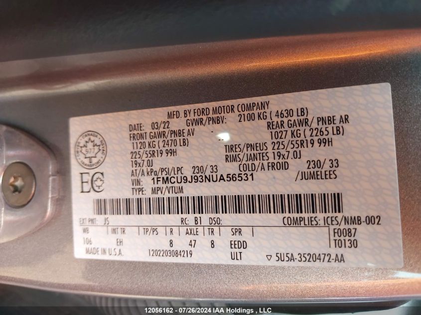 2022 Ford Escape Titanium VIN: 1FMC09J93NUA56531 Lot: 12056162