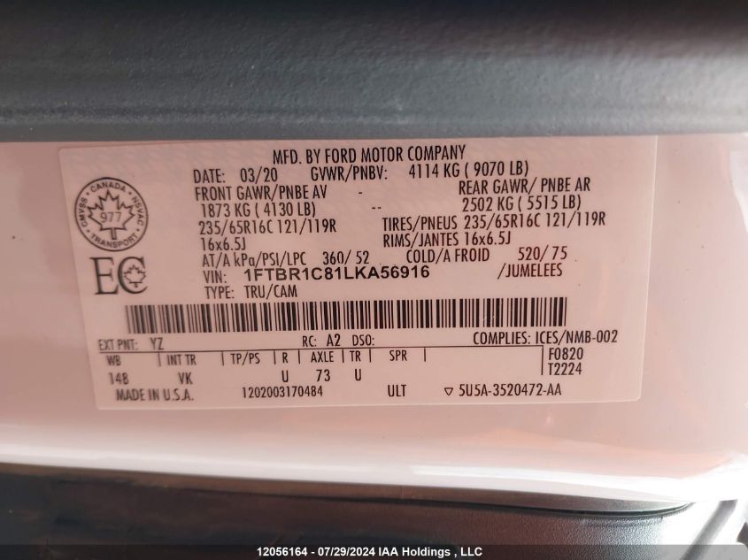 2020 Ford Transit T-250 VIN: 1FTBR1C81LKA56916 Lot: 12056164