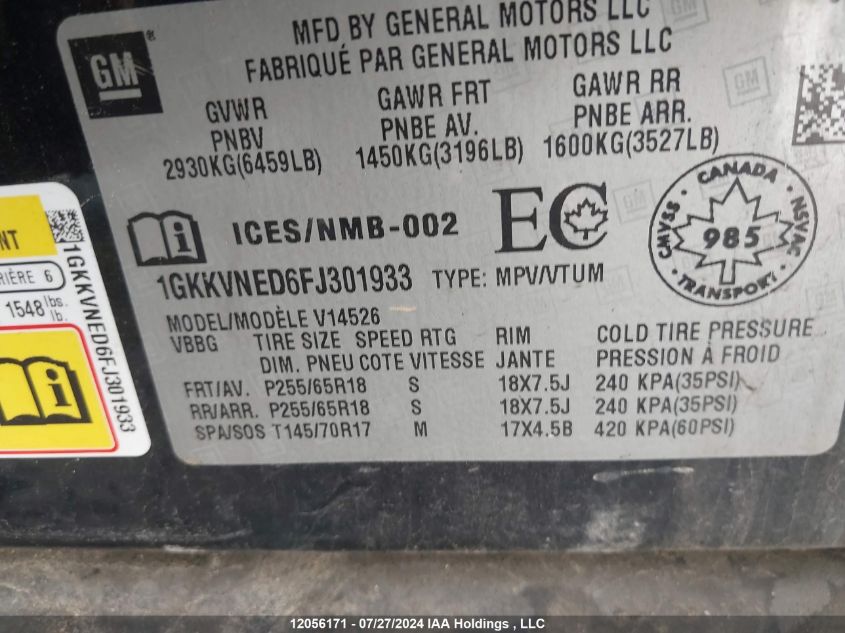 2015 GMC Acadia VIN: 1GKKVNED6FJ301933 Lot: 12056171