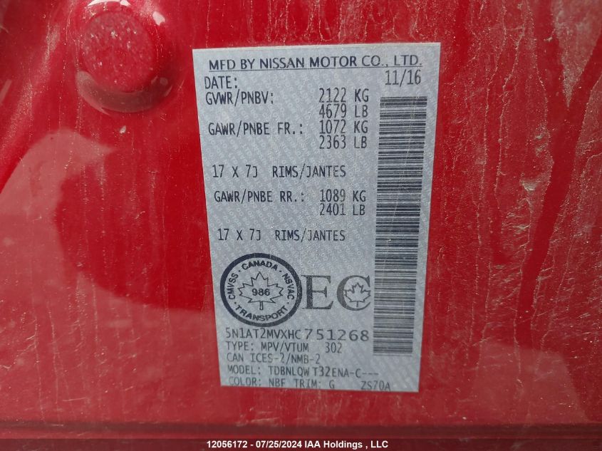 2017 Nissan Rogue VIN: 5N1AT2MVXHC751268 Lot: 12056172
