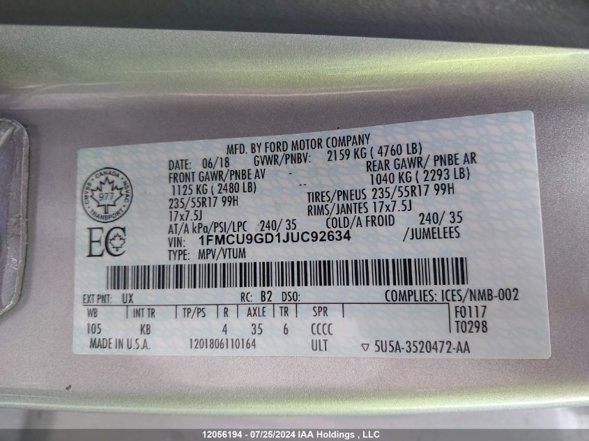 2018 Ford Escape Se VIN: 1FMCU9GD1JUC92634 Lot: 12056194