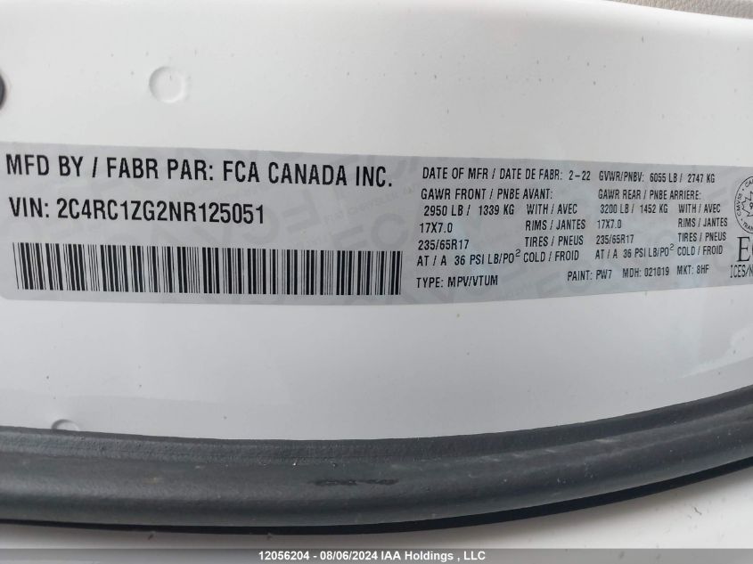 2022 Chrysler Grand Caravan Sxt VIN: 2C4RC1ZG2NR125051 Lot: 12056204