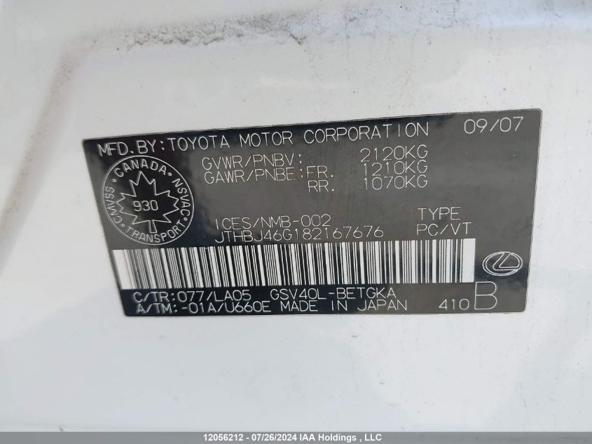 2008 Lexus Es 350 350 VIN: JTHBJ46G182167676 Lot: 12056212