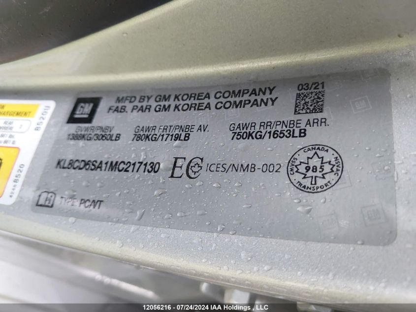 2021 Chevrolet Spark VIN: KL8CD6SA1MC217130 Lot: 12056216