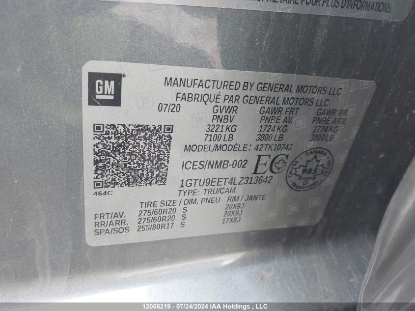 2020 GMC Sierra K1500 At4 VIN: 1GTU9EET4LZ313642 Lot: 12056219