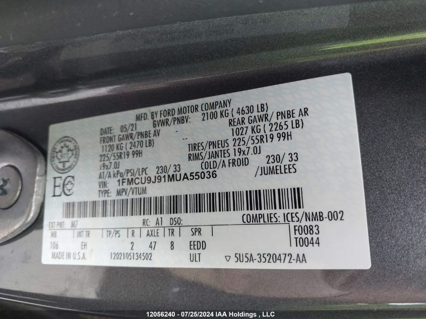 2021 Ford Escape Titanium VIN: 1FMCU9J91MUA55036 Lot: 12056240