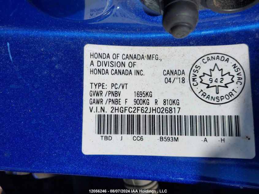 2018 Honda Civic VIN: 2HGFC2F62JH026817 Lot: 12056246