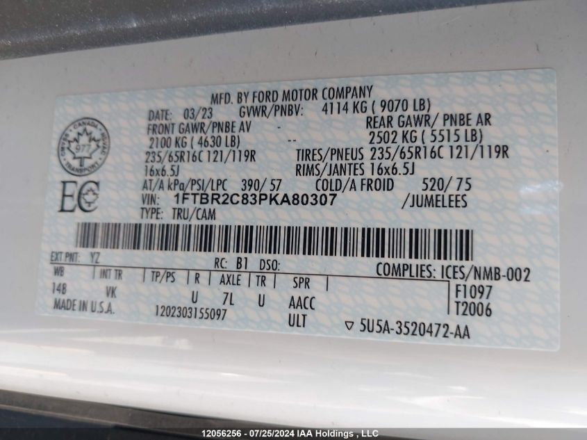 2023 Ford Transit T-250 VIN: 1FTBR2C83PKA80307 Lot: 12056256