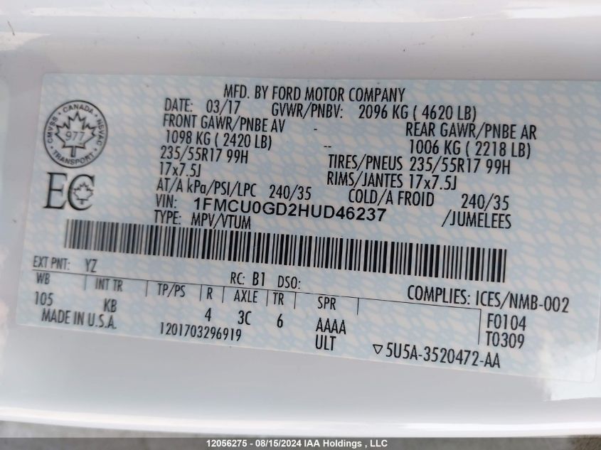 2017 Ford Escape Se VIN: 1FMCU0GD2HUD46237 Lot: 12056275