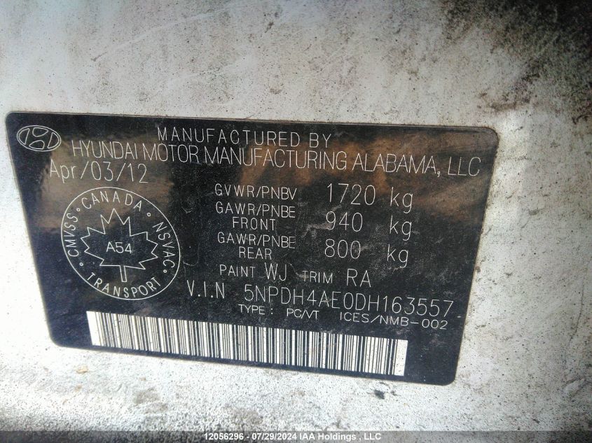 2013 Hyundai Elantra Gl VIN: 5NPDH4AE0DH163557 Lot: 12056296