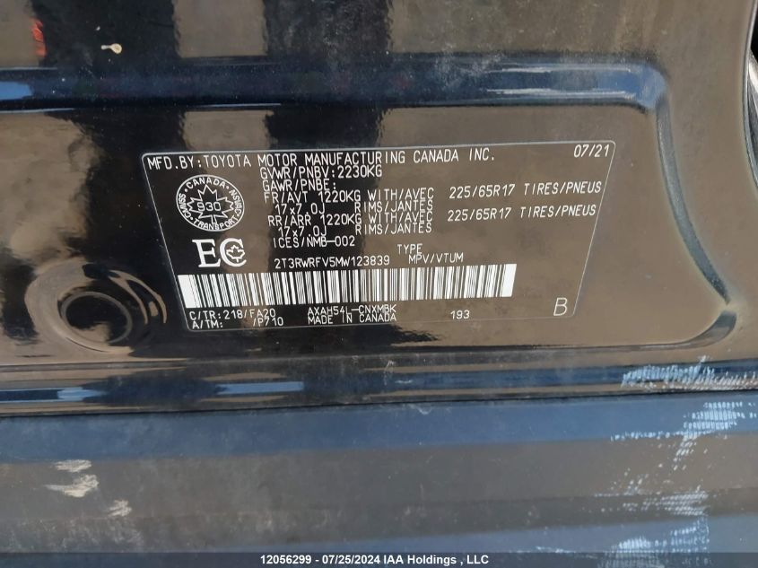 2021 Toyota Rav4 VIN: 2T3RWRFV5MW123839 Lot: 12056299