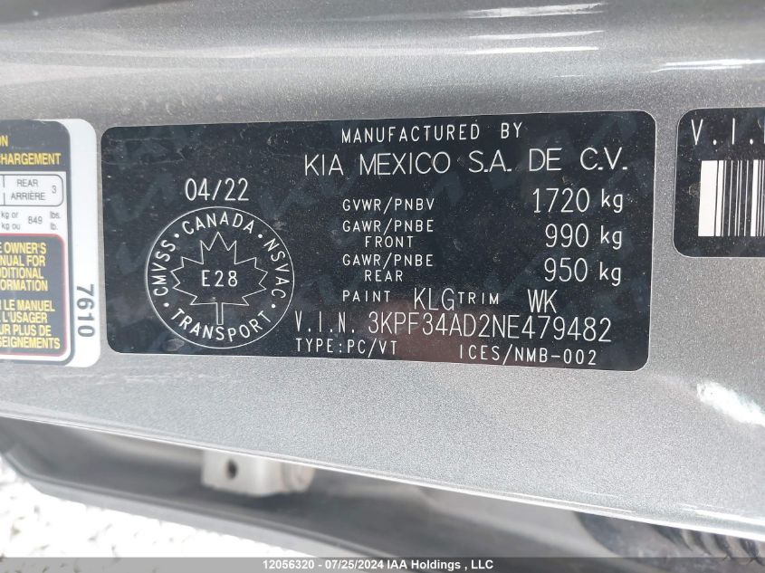 2022 Kia Forte VIN: 3KPF34AD2NE479482 Lot: 12056320