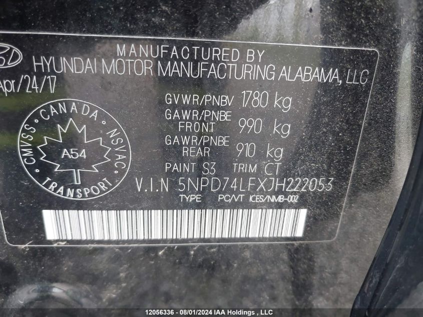 2018 Hyundai Elantra VIN: 5NPD74LFXJH222053 Lot: 12056336