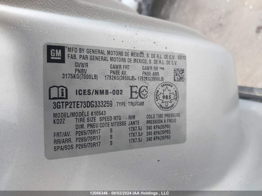 2013 GMC Sierra 1500 VIN: 3GTP2TE73DG333259 Lot: 12056346