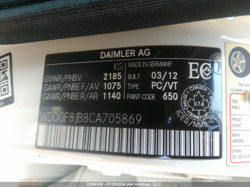 2012 Mercedes-Benz C-Class VIN: WDDGF8JB8CA705869 Lot: 12056349