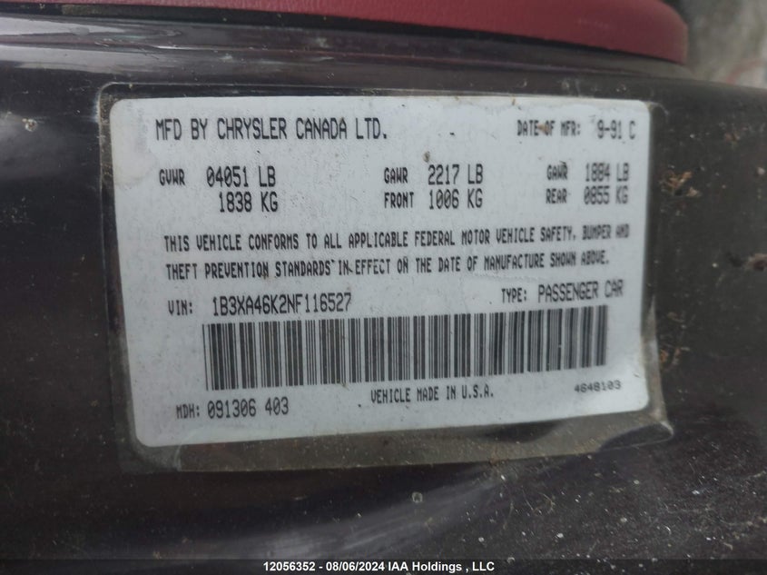 1992 Dodge Spirit VIN: 1B3XA46K2NF116527 Lot: 12056352