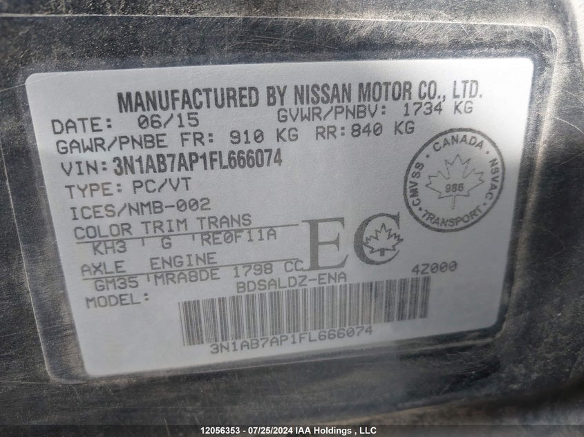 2015 Nissan Sentra VIN: 3N1AB7AP1FL666074 Lot: 12056353