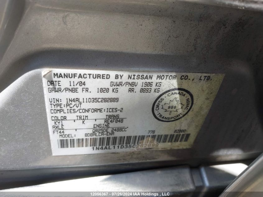 2005 Nissan Altima 2.5 S VIN: 1N4AL11D35C282889 Lot: 12056367