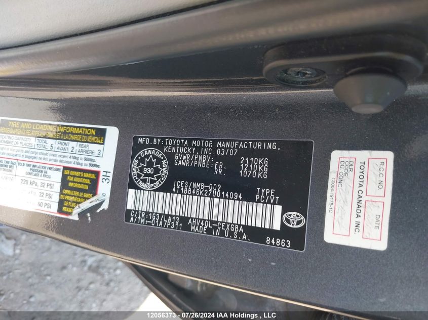 2007 Toyota Camry Hybrid VIN: 4T1BB46K27U014094 Lot: 12056373