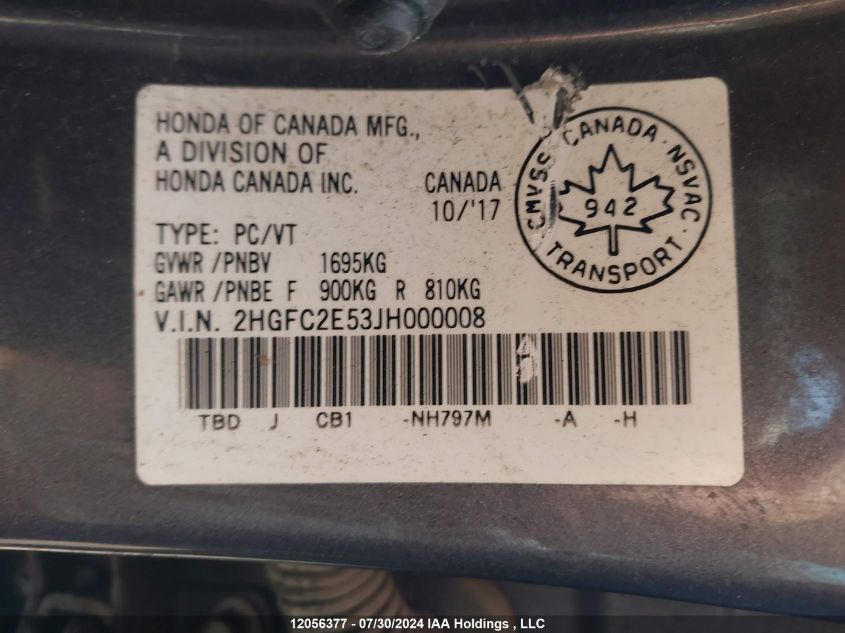 2018 Honda Civic Lx VIN: 2HGFC2E53JH000008 Lot: 12056377