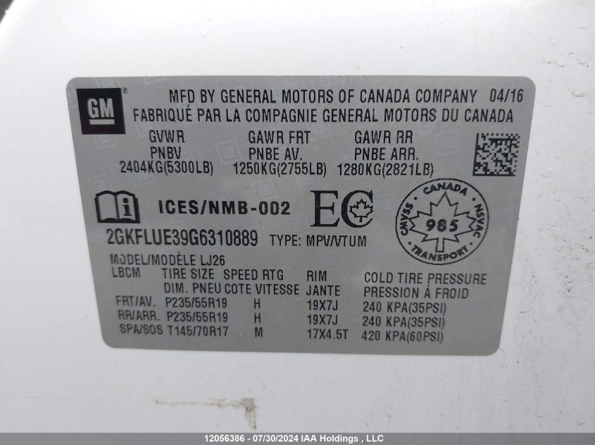 2016 GMC Terrain VIN: 2GKFLUE39G6310889 Lot: 12056386