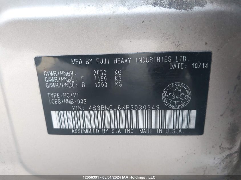 2015 Subaru Legacy VIN: 4S3BNCL6XF3030349 Lot: 12056391