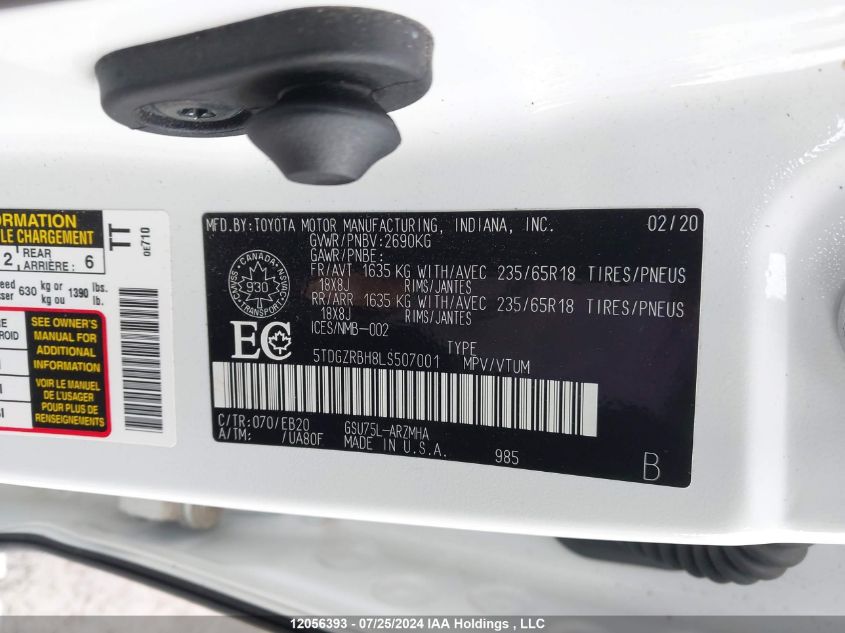 2020 Toyota Highlander Xle VIN: 5TDGZRBH8LS507001 Lot: 12056393