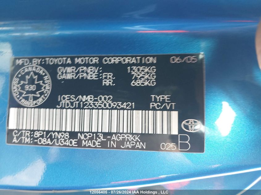 2005 Toyota Echo VIN: JTDJT123350093421 Lot: 12056405