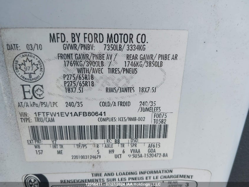 2010 Ford F-150 VIN: 1FTFW1EV1AFB80641 Lot: 12056411