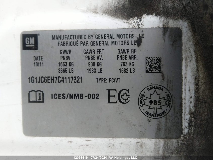 2012 Chevrolet Sonic VIN: 1G1JC6EH7C4117321 Lot: 12056419