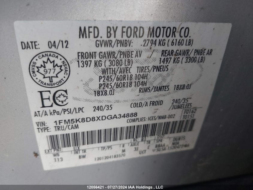 2013 Ford Explorer Xlt VIN: 1FM5K8D8XDGA34888 Lot: 12056421