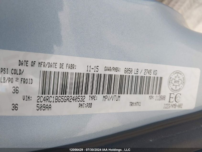 2016 Chrysler Town & Country Touring VIN: 2C4RC1BG5GR240532 Lot: 12056429