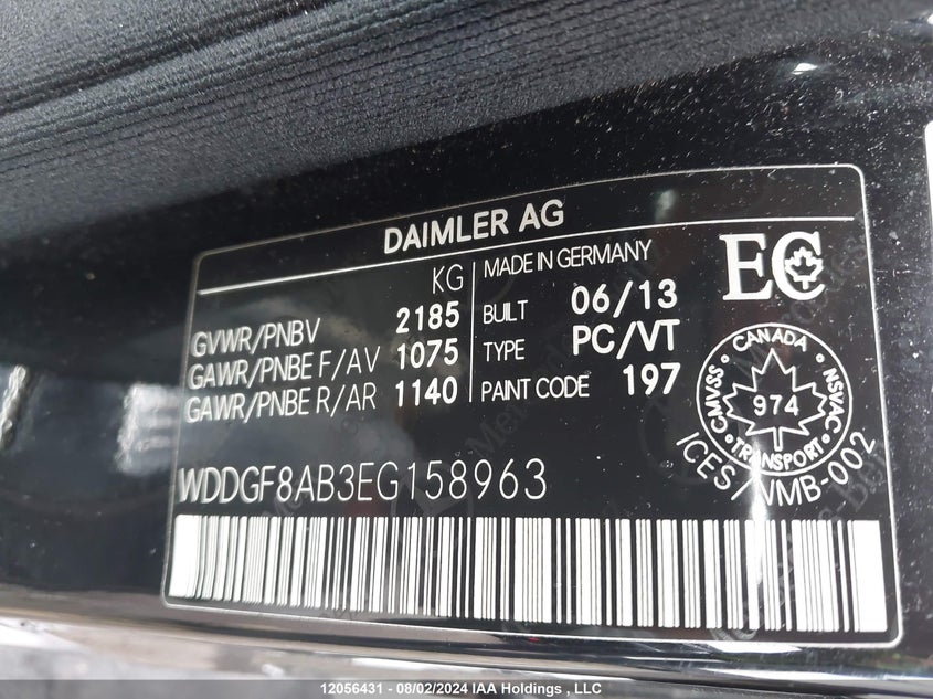 2014 Mercedes-Benz C-Class VIN: WDDGF8AB3EG158963 Lot: 12056431