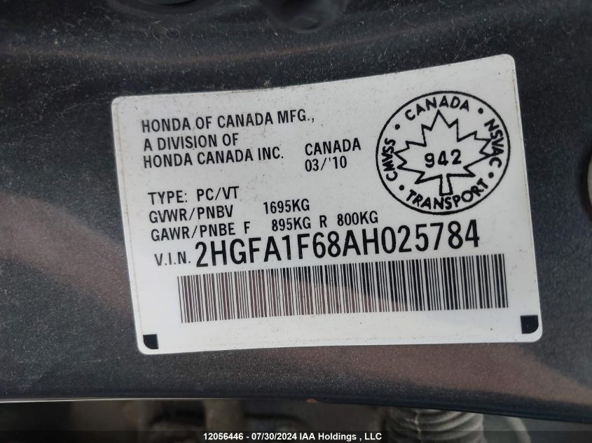 2010 Honda Civic VIN: 2HGFA1F68AH025784 Lot: 12056446