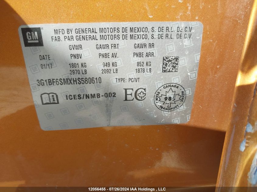 2017 Chevrolet Cruze VIN: 3G1BF6SMXHS580610 Lot: 12056455