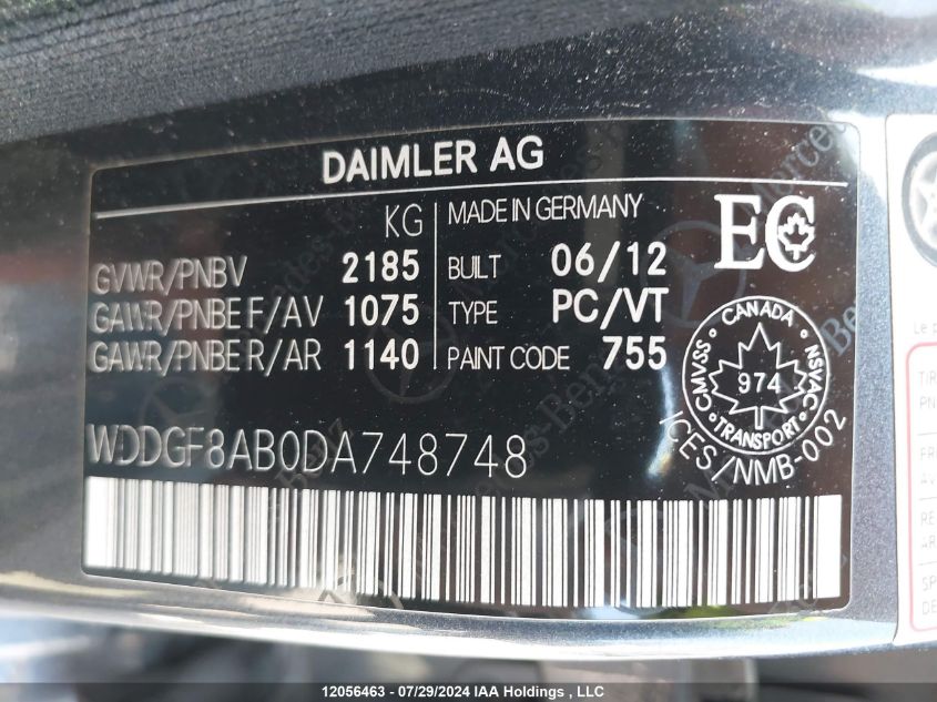 2013 Mercedes-Benz C-Class VIN: WDDGF8AB0DA748748 Lot: 12056463