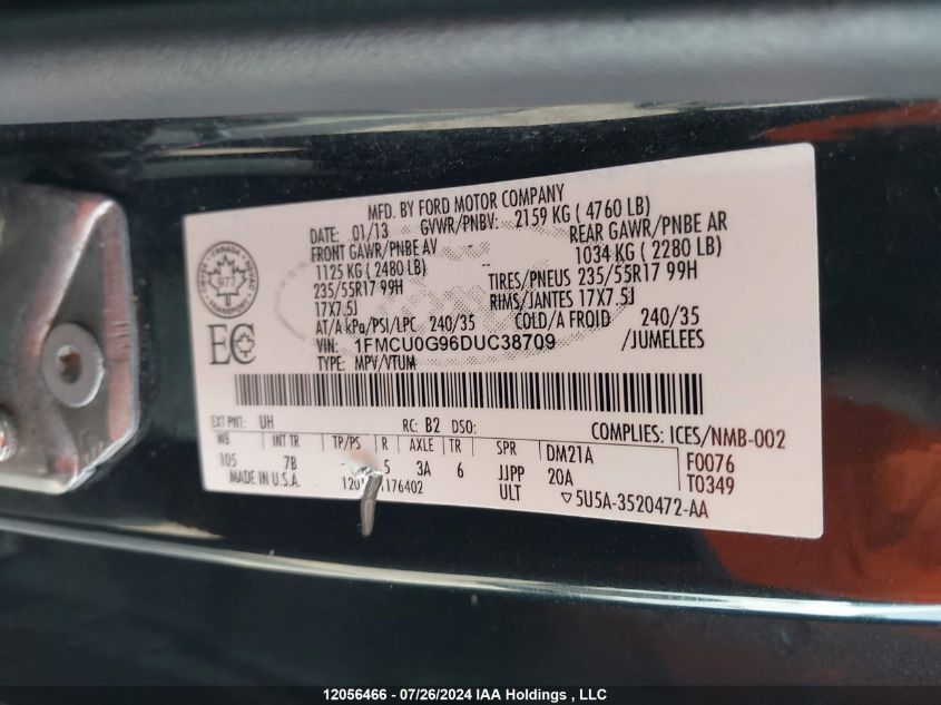 2013 Ford Escape VIN: 1FMCU0G96DUC38709 Lot: 12056466