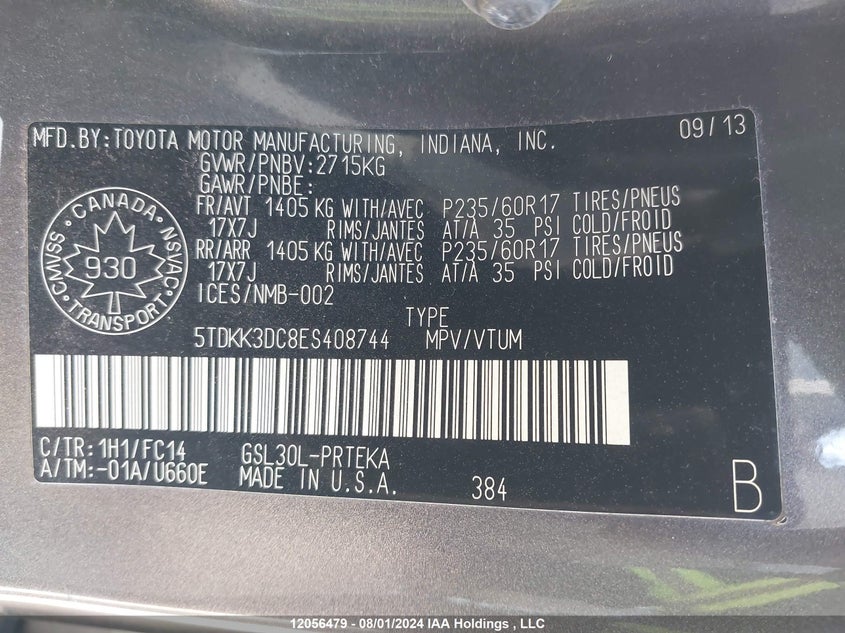 2014 Toyota Sienna VIN: 5TDKK3DC8ES408744 Lot: 12056479