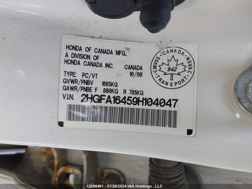 2009 Honda Civic VIN: 2HGFA16459H104047 Lot: 12056491
