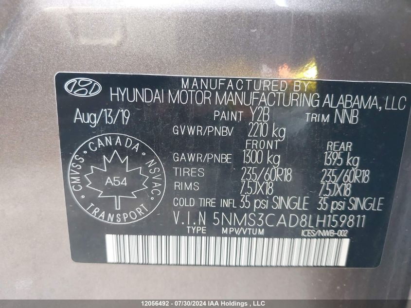 2020 Hyundai Santa Fe Sel/Sel Plus VIN: 5NMS3CAD8LH159811 Lot: 12056492