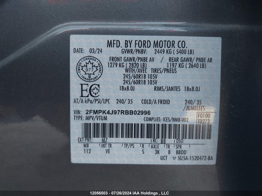 2024 Ford Edge Sel VIN: 2FMPK4J97RBB02996 Lot: 12056503