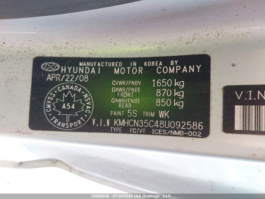 2008 Hyundai Accent VIN: KMHCN35C48U092586 Lot: 12056509