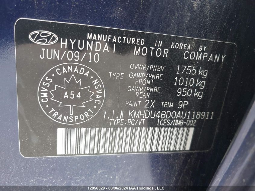 2010 Hyundai Elantra Gl VIN: KMHDU4BD0AU118911 Lot: 12056529