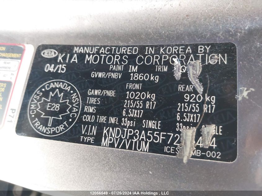 2015 Kia Soul VIN: KNDJP3A55F7225414 Lot: 12056549