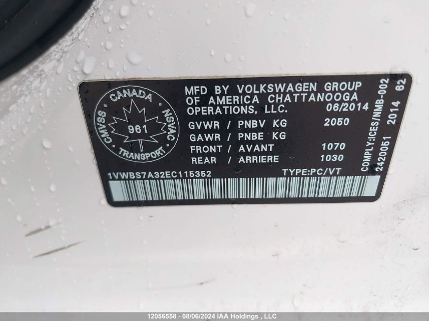 2014 Volkswagen Passat VIN: 1VWBS7A32EC115352 Lot: 12056558