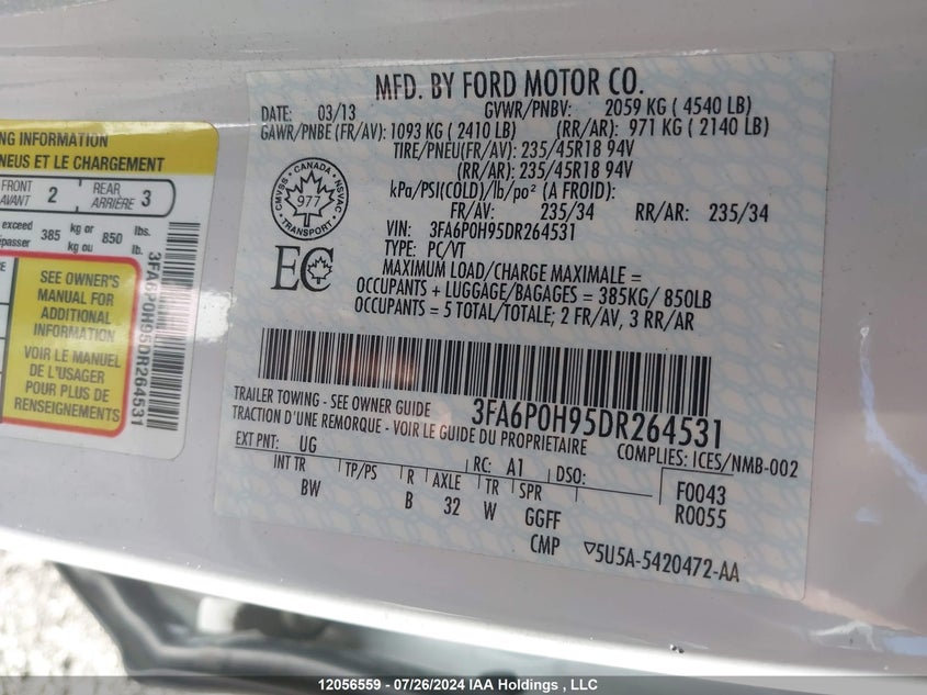 2013 Ford Fusion Se VIN: 3FA6P0H95DR264531 Lot: 12056559