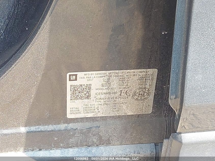 2018 Chevrolet Equinox VIN: 2GNAXVEV2J6251216 Lot: 12056563