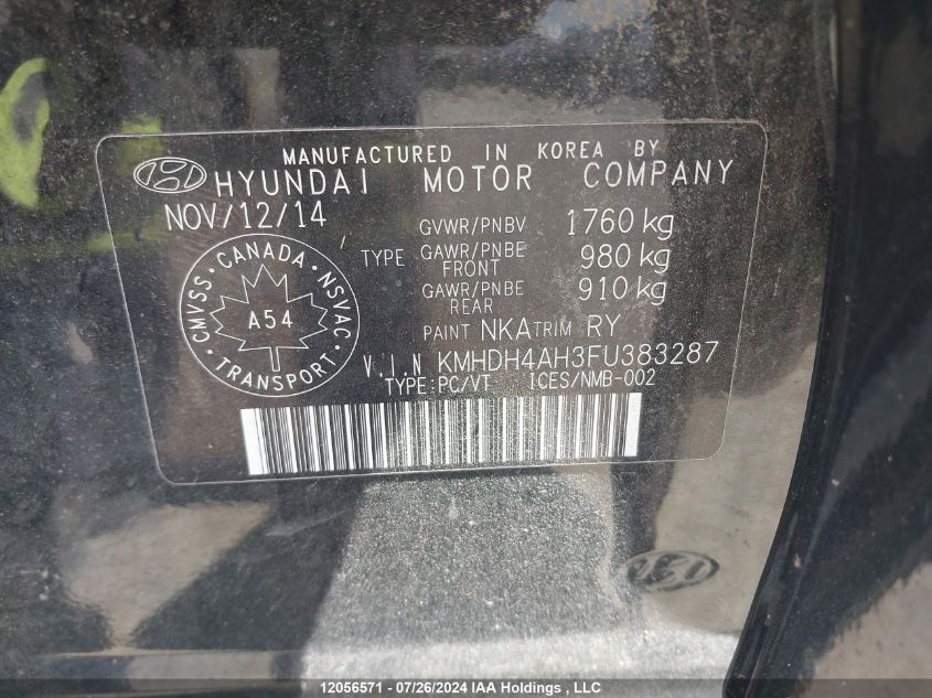 2015 Hyundai Elantra Gls VIN: KMHDH4AH3FU383287 Lot: 12056571